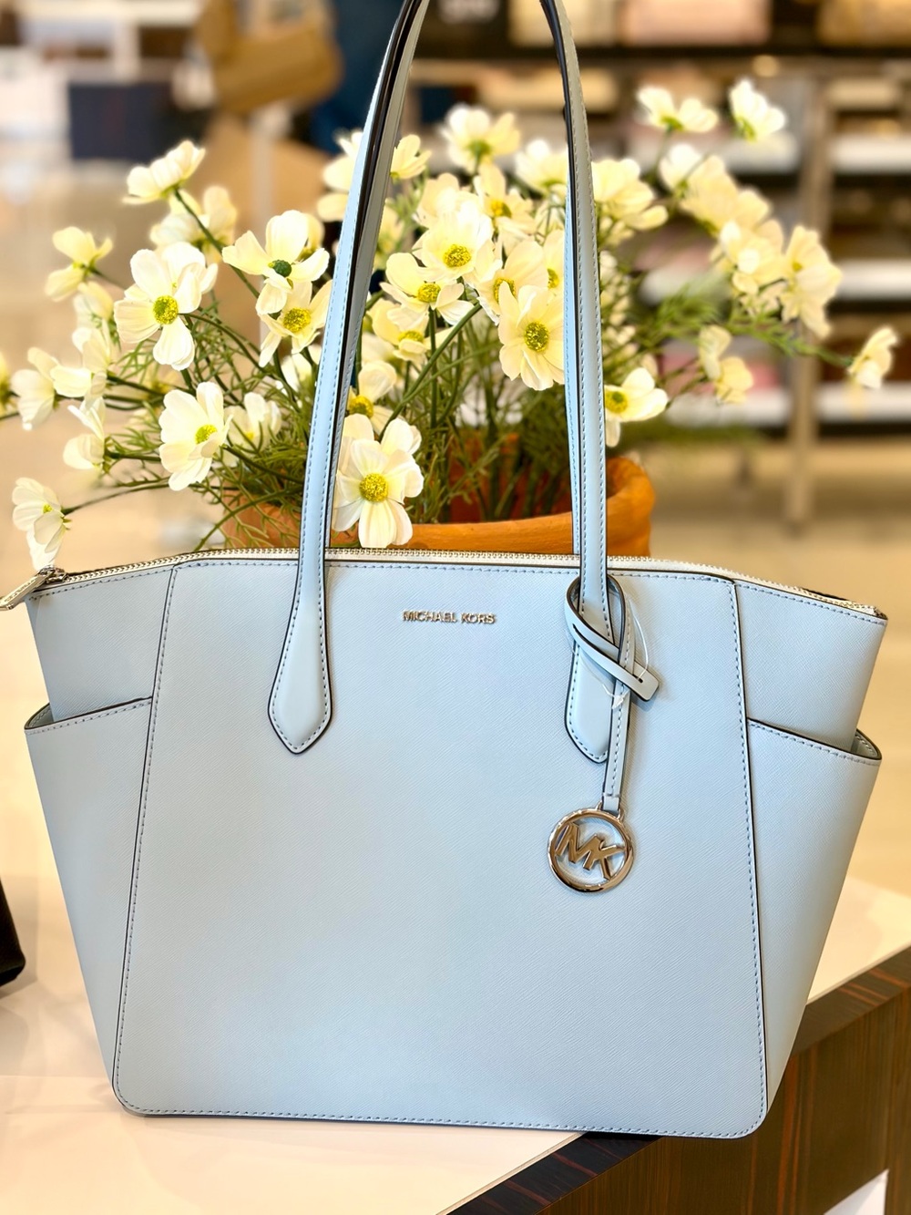 Michael Kors Light Blue Saffiano Leather Tote Shoulder Bag with MK Charm